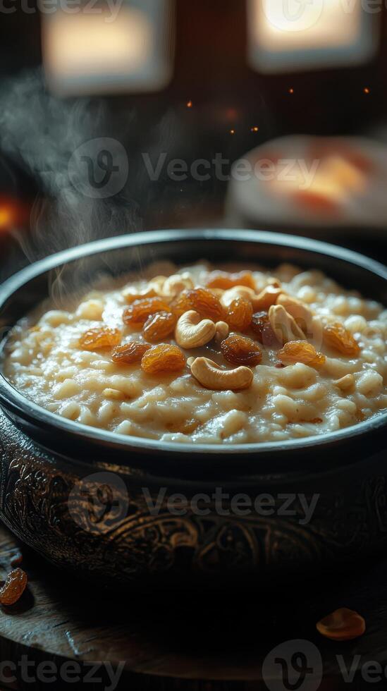 Creamy rice dessert topped with cashews and raisins, served in a traditional clay bowl during festive celebration photo