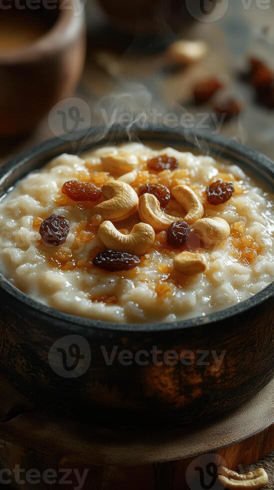 Delicious and warm rice pudding topped with cashews and raisins served in a rustic bowl photo