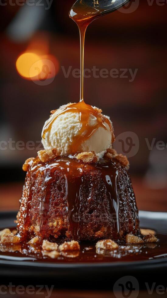 Delicious dessert with ice cream and caramel sauce served on a plate in a cozy setting photo