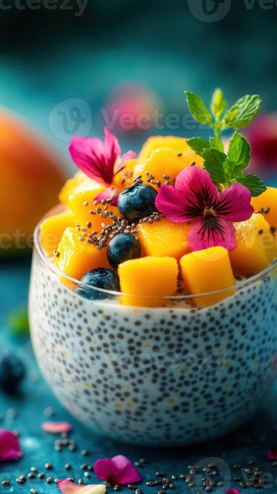 Colorful chia seed pudding topped with mango, blueberries, and edible flowers on a vibrant blue background photo