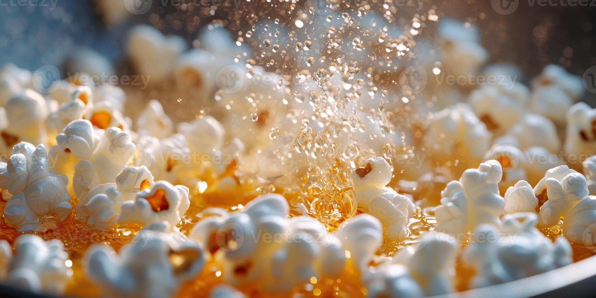 Hot popcorn bursts in a pot as oil heats up and kernels pop in the kitchen in early evening light photo