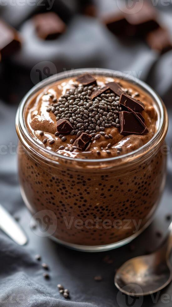 Delicious chocolate mousse topped with cacao nibs and dark chocolate pieces on a textured background photo