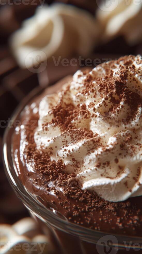Rich chocolate dessert topped with whipped cream and cocoa powder in a decorative setting photo
