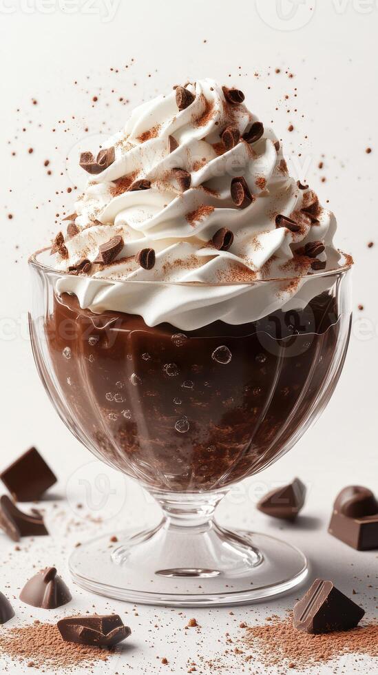 Indulgent chocolate dessert with whipped cream and chocolate shavings in a glass bowl on a white background photo