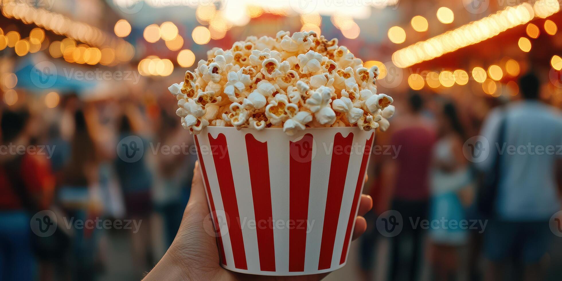 Enjoying freshly made popcorn at an outdoor festival filled with lights and excitement during the evening hours photo