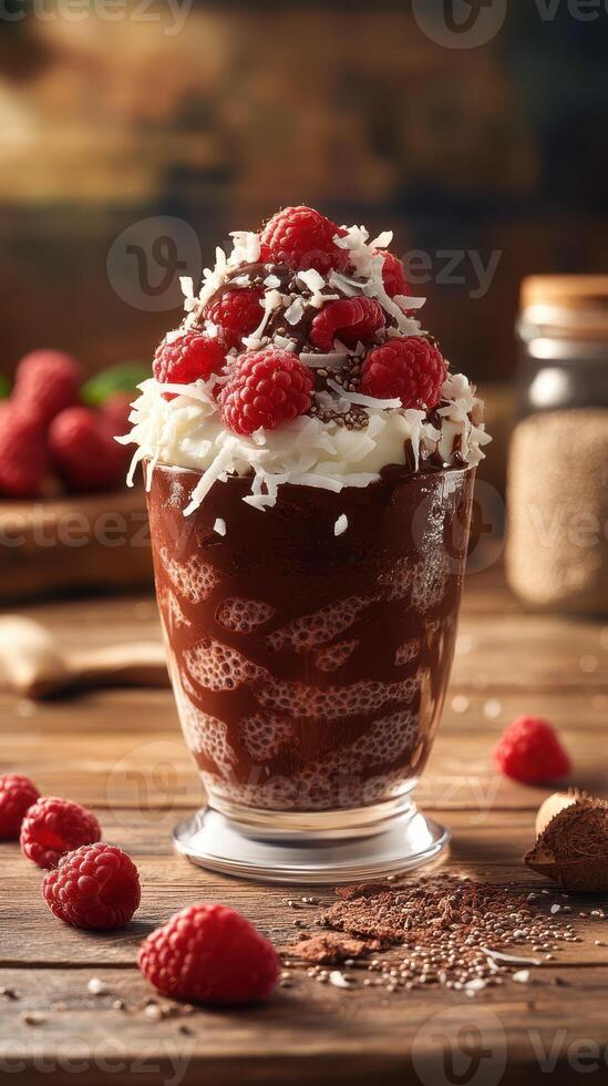 Delicious chocolate dessert topped with whipped cream, fresh raspberries, and chocolate shavings in a cozy setting photo