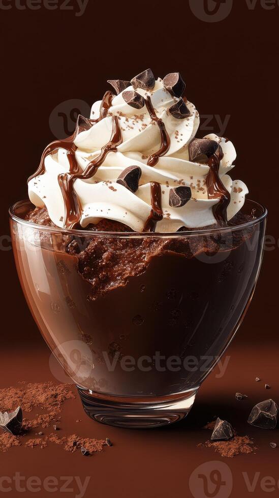 Delicious chocolate dessert topped with whipped cream and chocolate shavings in an elegant glass dish photo