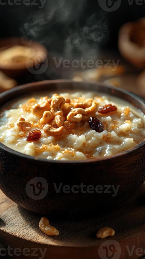 Delicious bowl of warm porridge with nuts and raisins served in a rustic setting at breakfast time photo