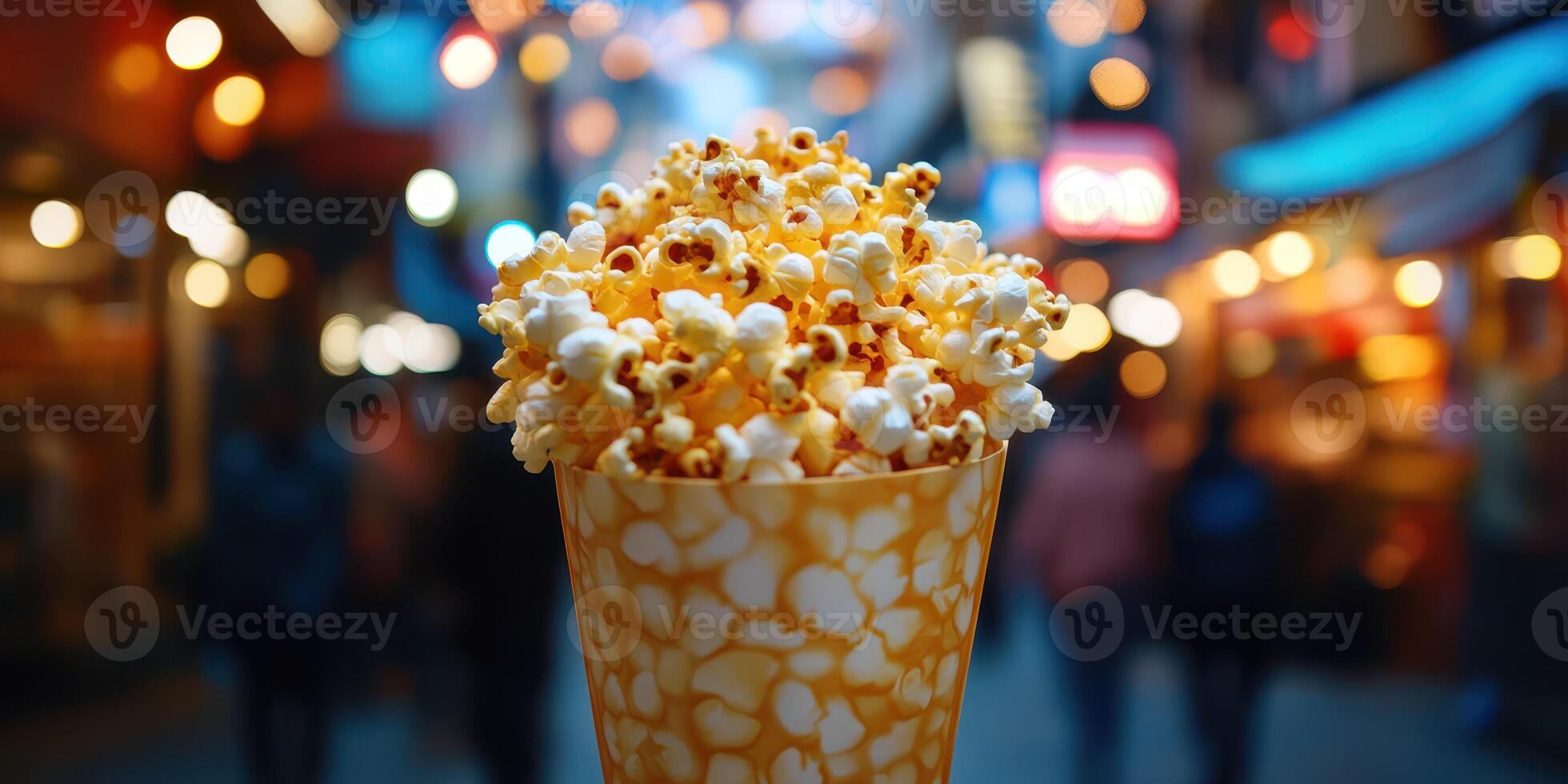 Bright, flavorful popcorn stands out in a bustling street market during nighttime festivities photo