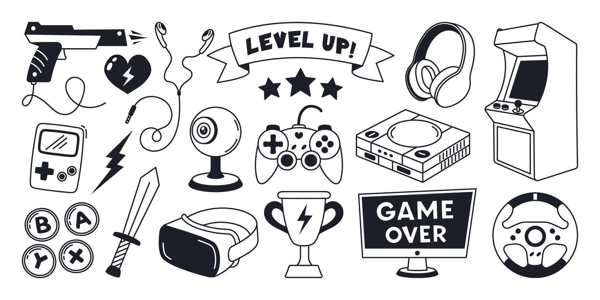 Game Icons, Hand Drawn Gaming Elements Isolated on White vector