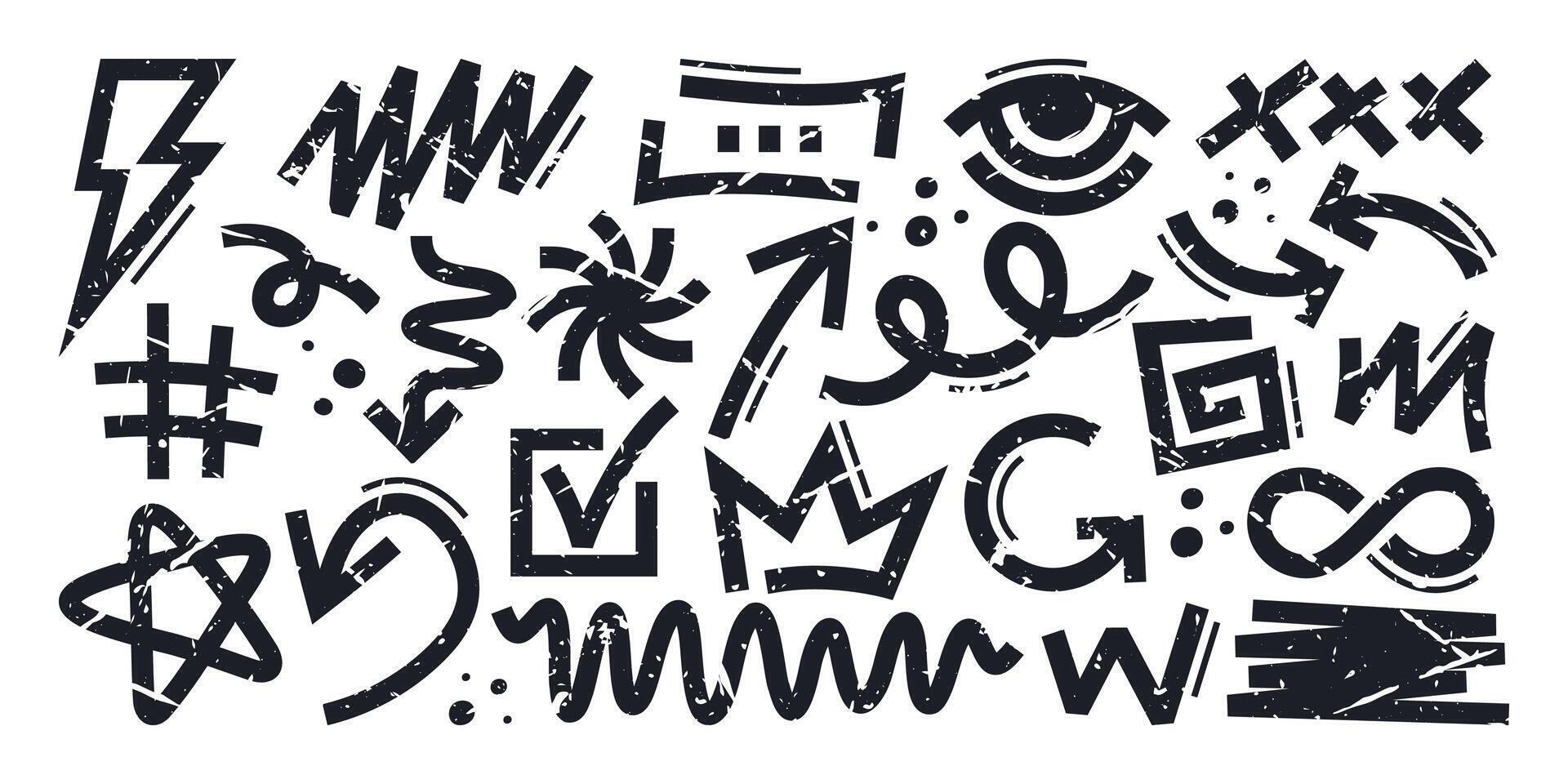 Hand drawn symbol set with abstract geometric shapes and brush strokes with a distressed effect vector