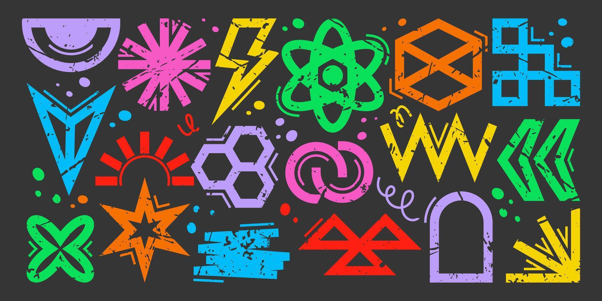 Set of colorful abstract geometric symbols with grunge texture vector