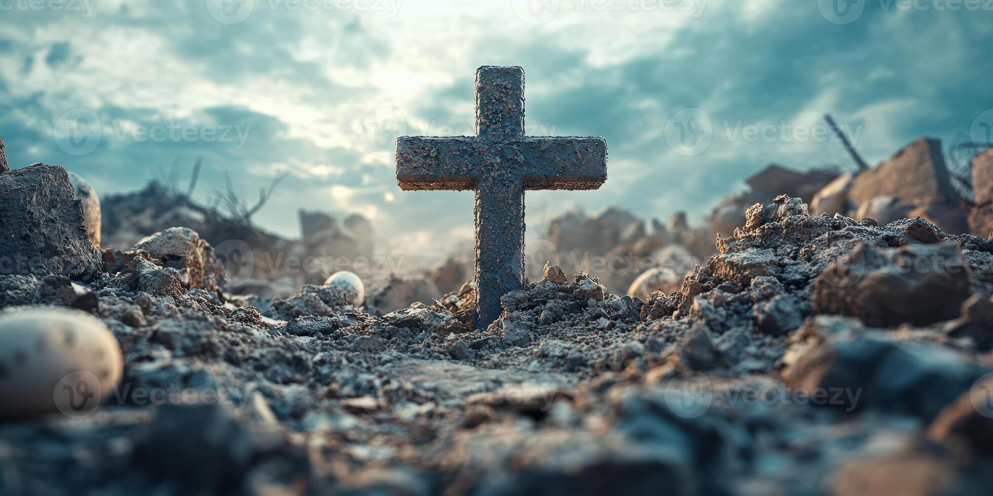 Cross stands amidst debris, evoking reflection on loss and hope in a desolate landscape at dusk photo