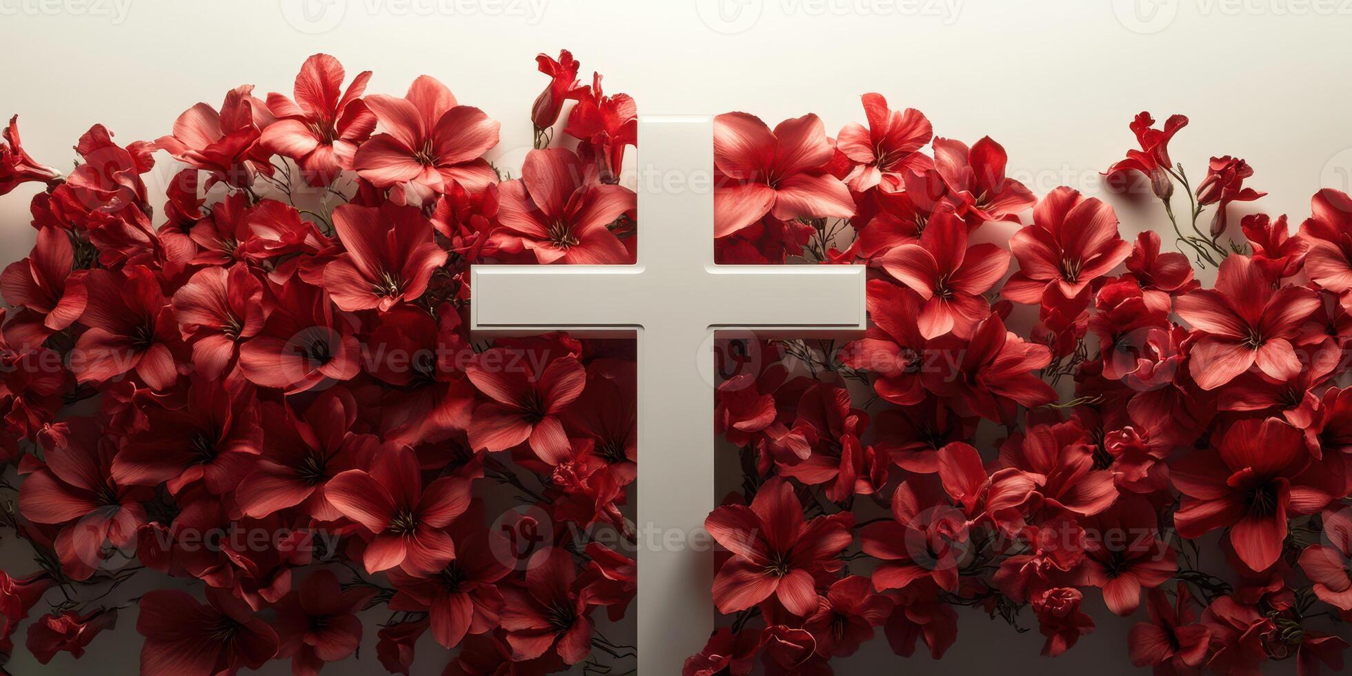 Red flowers surround a white cross symbolizing faith and remembrance during a spiritual observance photo