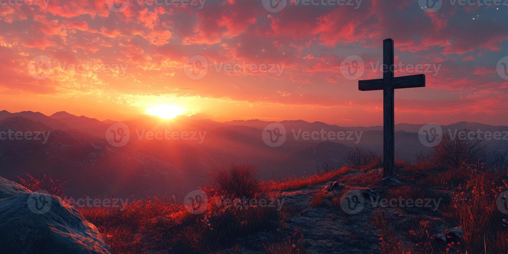 Sunset view over mountains with a wooden cross on a hilltop and vibrant clouds in the background photo