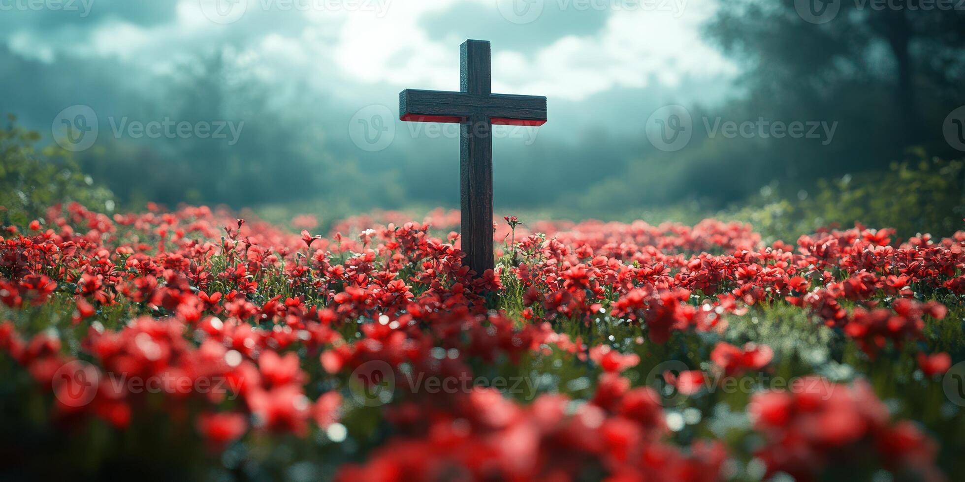 Cross stands in a vibrant field of red flowers under a moody sky at dawn photo