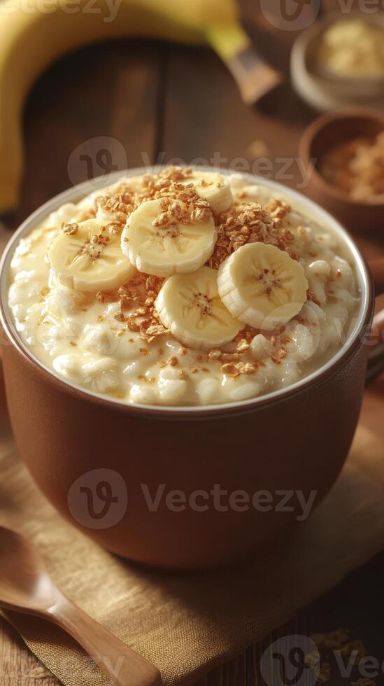Warm bowl of oatmeal topped with banana slices and granola served on a wooden table in a cozy kitchen setting photo