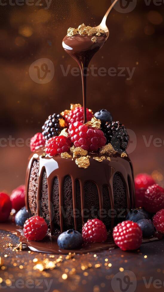 Decadent chocolate dessert topped with fresh berries and gold flakes on a sparkling surface photo