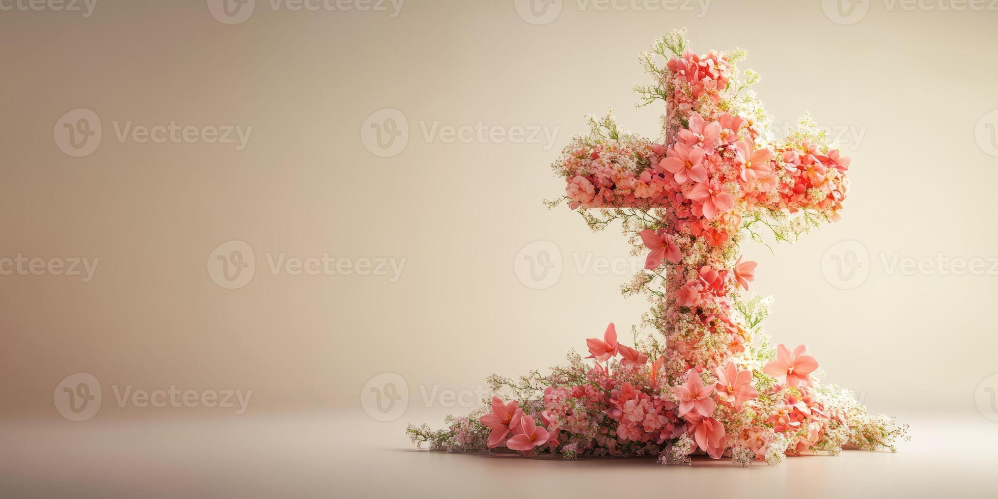 Cross made of pink flowers and greenery showcases beauty and elegance in a simple setting photo