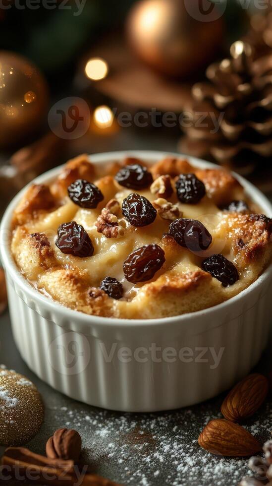 Warm bread pudding with raisins and nuts presented in a white dish surrounded by festive decorations during winter season photo