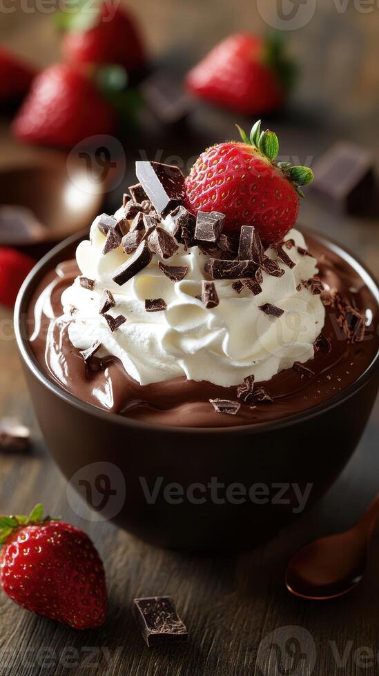 Decadent chocolate mousse topped with whipped cream and fresh strawberries in a rustic setting photo