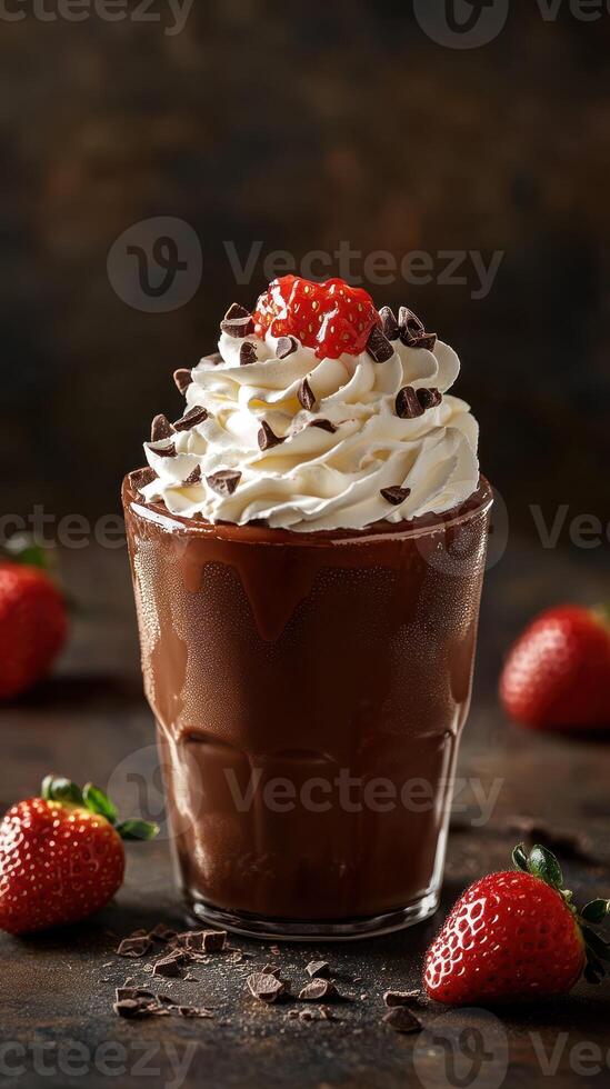 Delicious dessert featuring chocolate drink topped with whipped cream and strawberries in a cozy setting photo