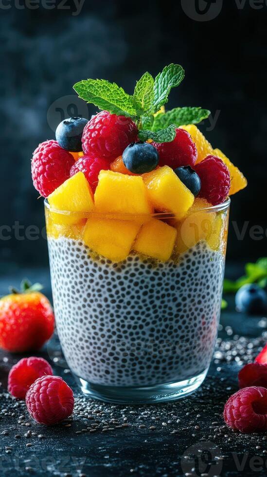 Colorful chia seed pudding topped with fresh fruits served in a clear glass on a dark background photo