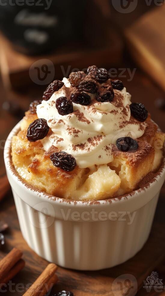 Creamy bread pudding topped with whipped cream and raisins served in a rustic kitchen photo