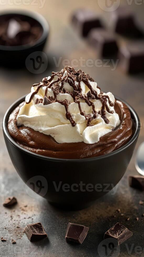 Decadent chocolate pudding topped with whipped cream and chocolate drizzle served in a black bowl photo