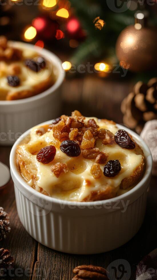 Warm baked dessert with custard and dried fruits in a cozy holiday setting photo