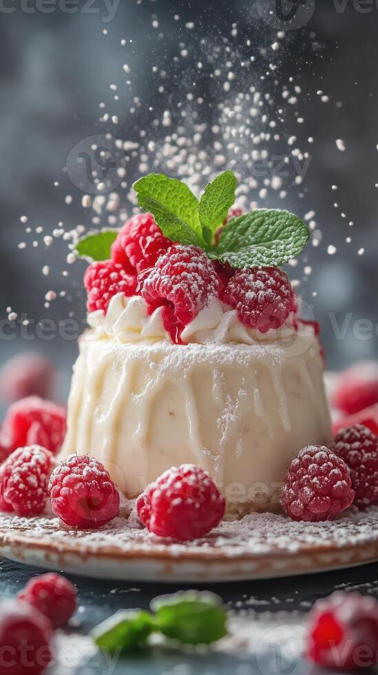 Decadent raspberry dessert with creamy texture and mint garnish presented on a plate photo