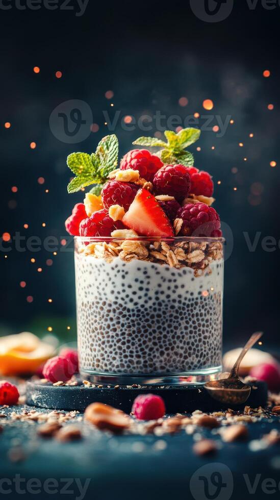 Healthy dessert featuring chia seed pudding topped with fresh berries and mint on a dark background photo