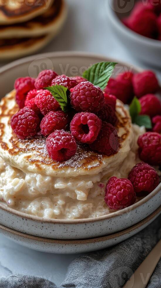 Delicious stacked pancakes topped with fresh raspberries and mint leaves on a rustic table photo