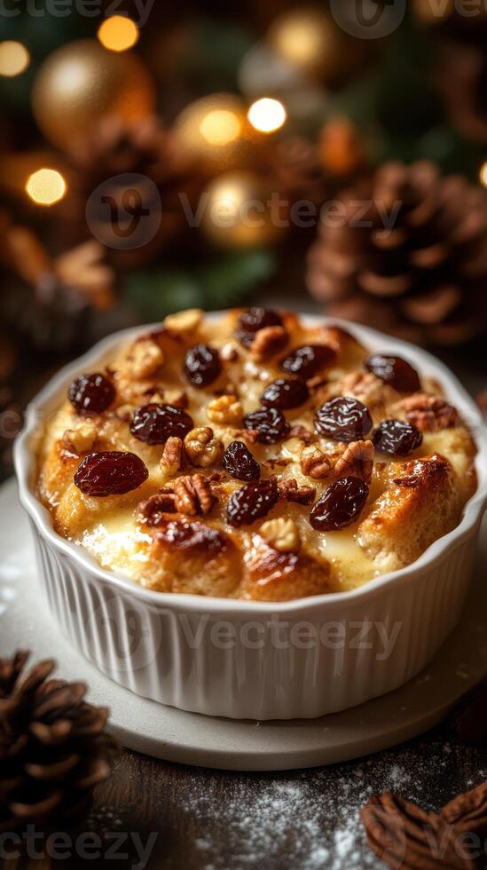 Warm bread pudding topped with nuts and raisins with holiday decorations in the background photo