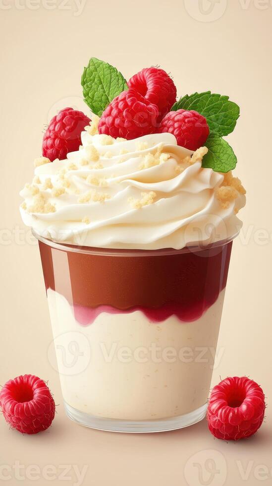 Delightful dessert layered with cream, raspberry, and mint in a clear cup on a light background photo