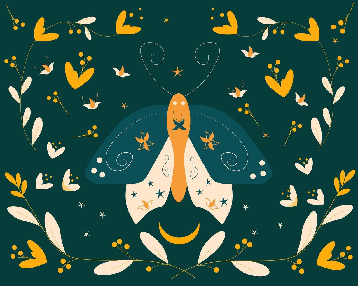 spring illustration butterfly flower on emerald background butterfly surrounded by flower petals and flower patterns vector