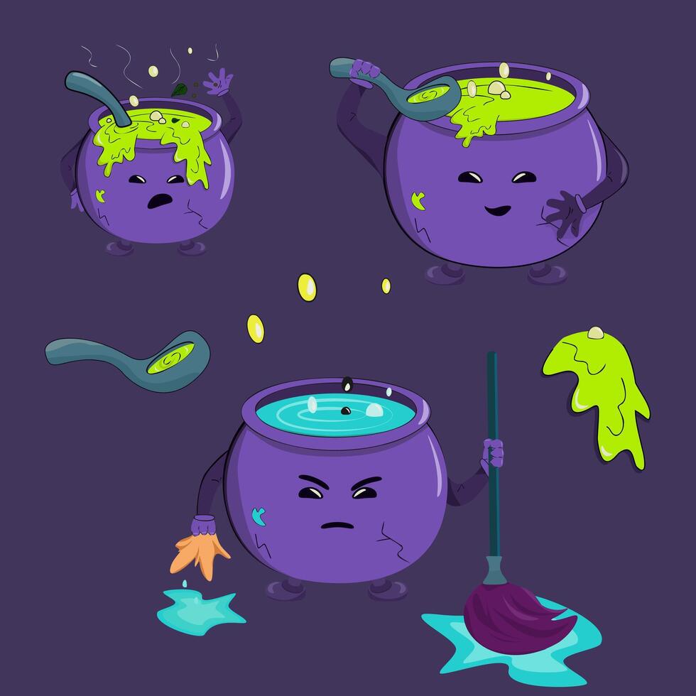 beautiful funny stickers on a dark background, stickers with a funny cauldron of soup or potion. a cauldron that cleans and cooks, a ladle and a mop vector