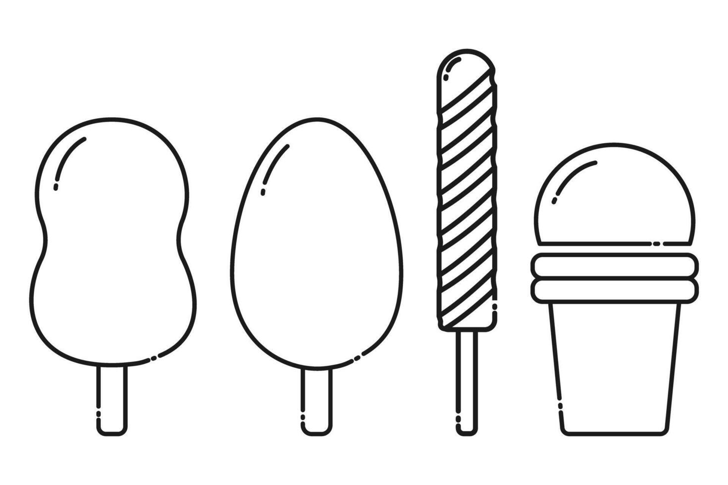 Eskimo on stick oval and wave shape, frozen juice and ice cream waffle cup Linear icons idea Set 4. Isolated illustration Thematic cards, poster or web promo banner, leaflets, price tag, labels vector
