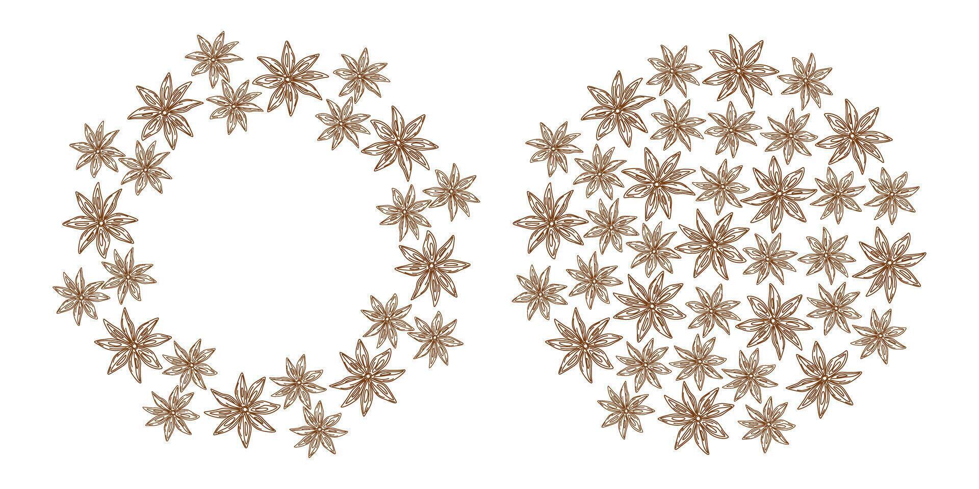Freehand Star Anise Circular Frame and Round Background Texture Spices Day greeting Template Set 2. Isolated illustration Thematic cards, posters or web promo backdrop, banner, leaflets, labels vector