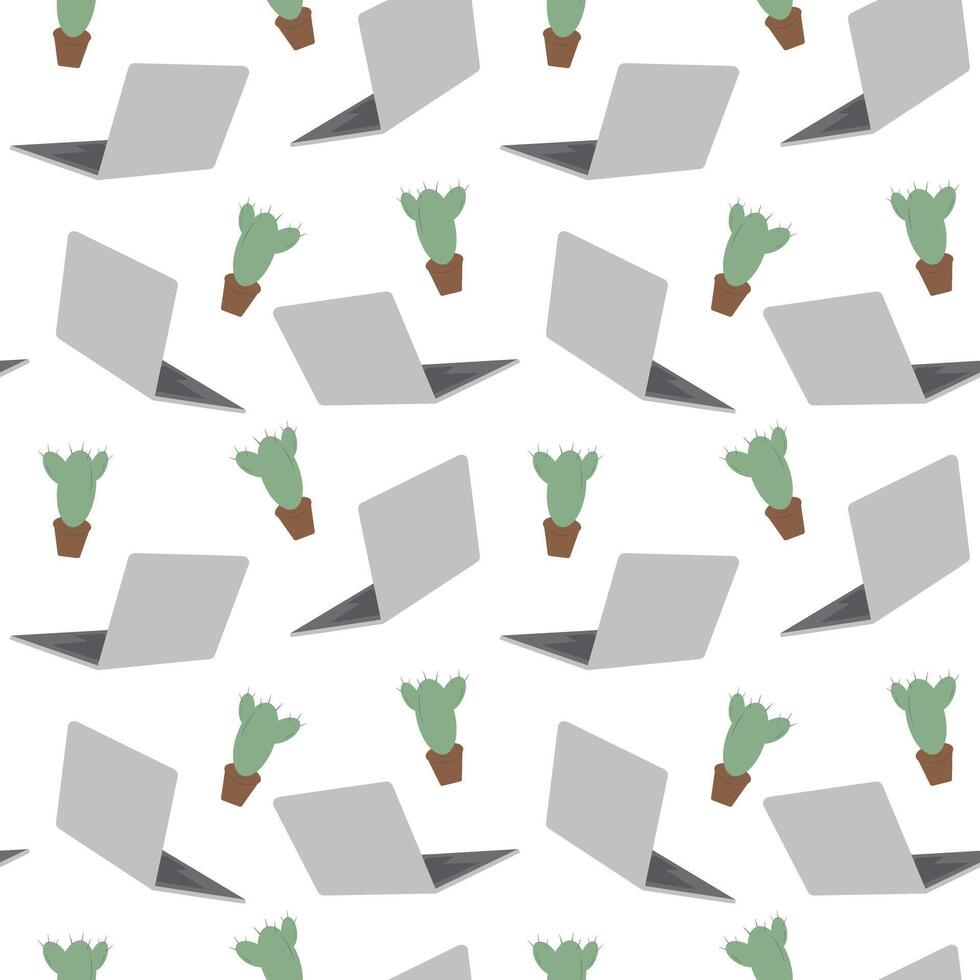 Open laptop and Cactus in pot Seamless pattern. Thematic cards Background Texture or wallpaper idea. Isolated illustration Wrapping or web promo banner, leaflet, cards, price tag, label, poster vector