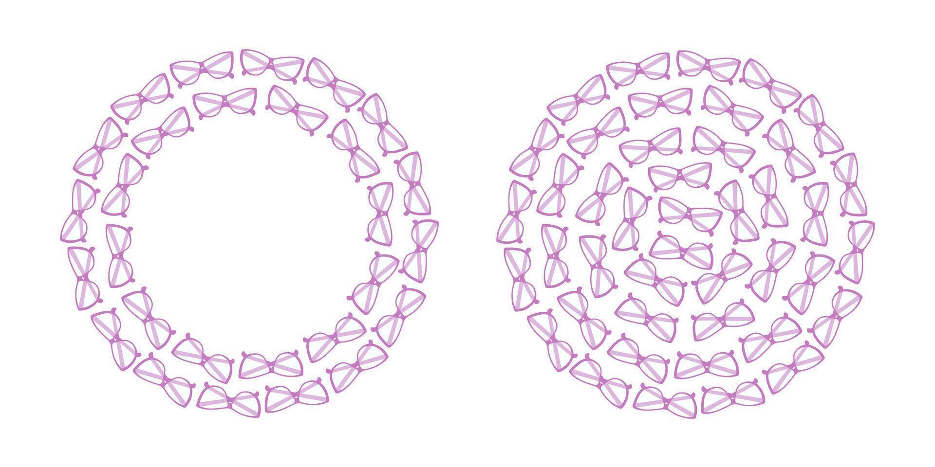 Transparent lens in lilac framing Eyeglasses. Monochrome Circular Frame border and Background idea. Isolated illustration Thematic cards or web promo banner, leaflets, print materials or tags vector