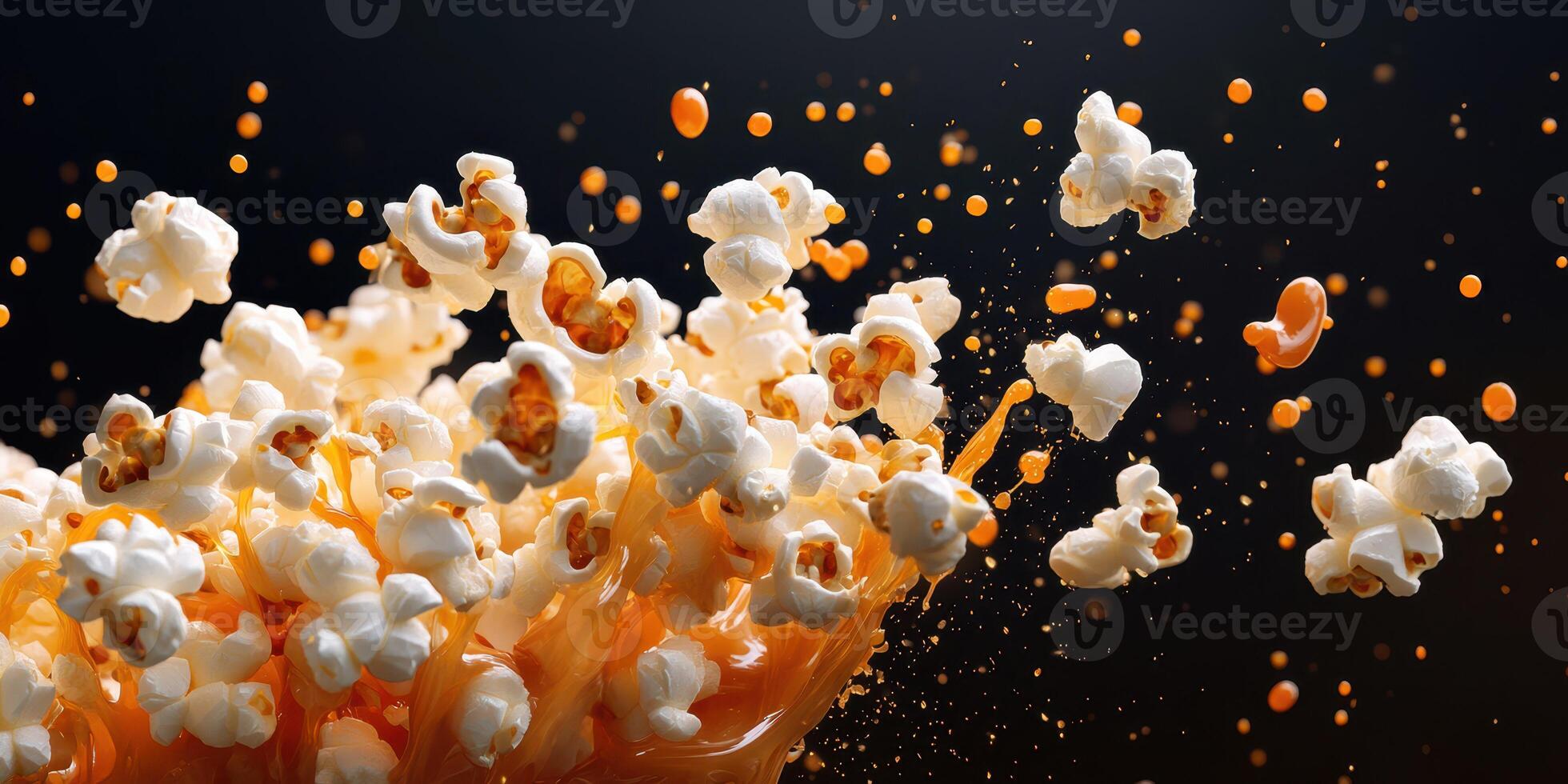 Popcorn bursts with energy creating a dynamic display of flavor and excitement in a dark background photo