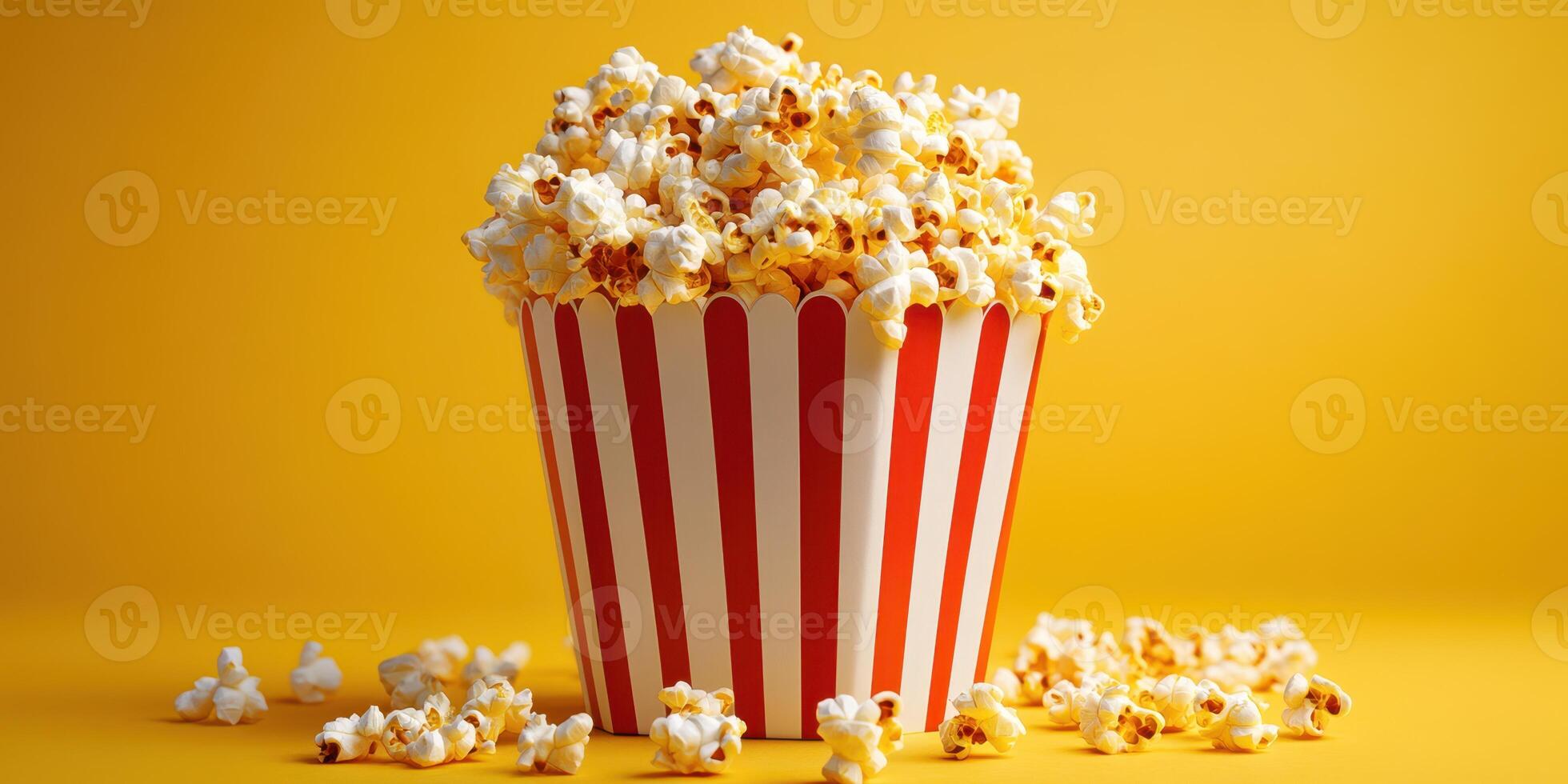 Enjoying fresh popcorn in a bright, cheerful setting with a vibrant yellow background photo
