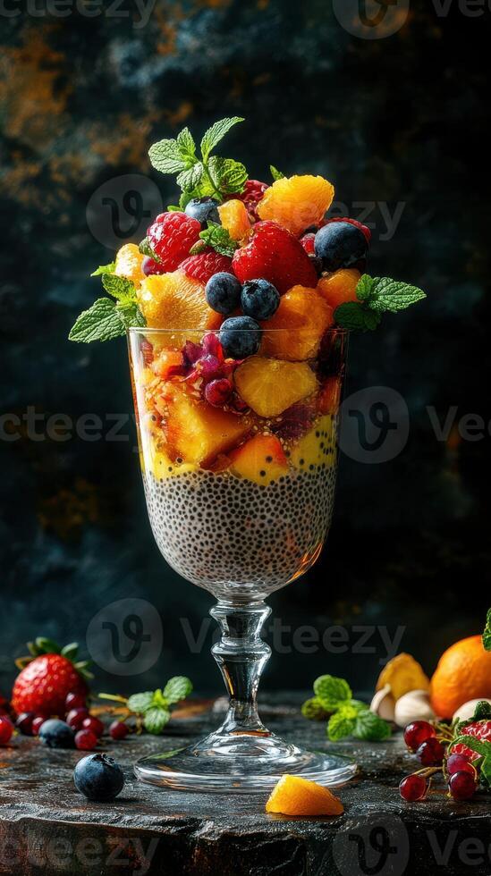Colorful fruit parfait with chia seeds and fresh mint presented on a dark backdrop photo