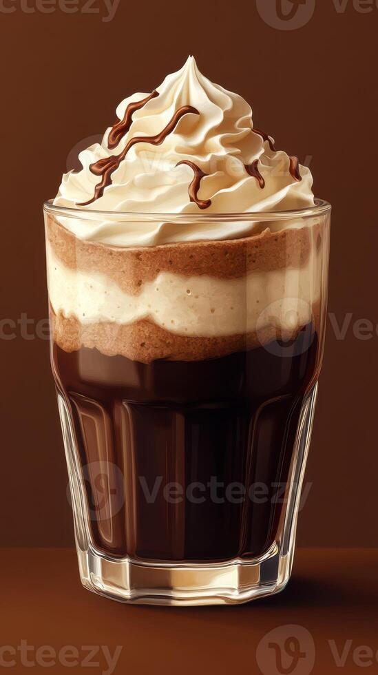 Creamy dessert beverage with layers of chocolate and whipped cream served in a clear glass photo