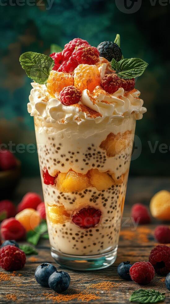 Colorful dessert with fresh fruit and whipped cream presented in a tall glass on a rustic wooden table photo