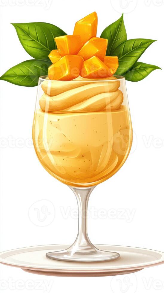 Fresh and creamy mango dessert garnished with ripe mango chunks and green leaves in a stylish glass photo