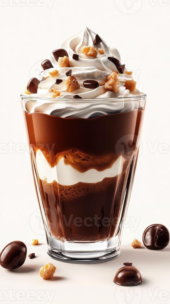 Delicious dessert featuring whipped cream and chocolate layers in a glass cup photo