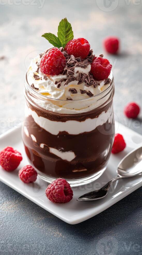 Indulgent chocolate dessert layered with cream and fresh raspberries served on a white plate photo