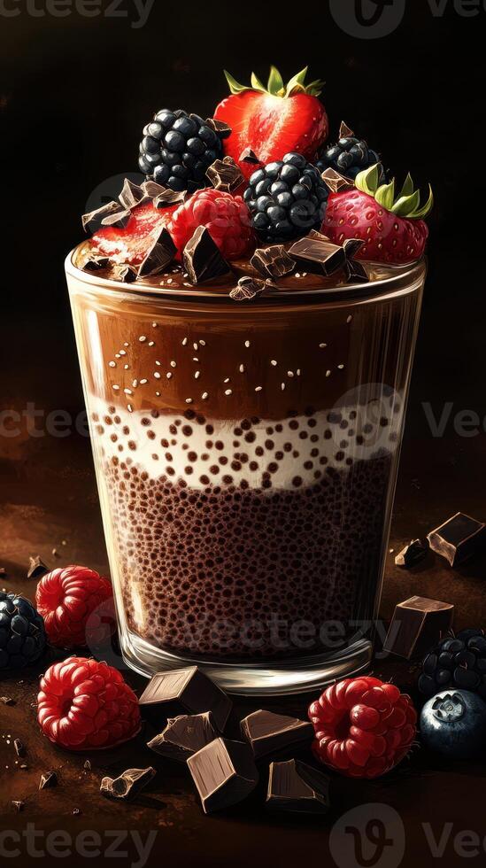Delicious chocolate dessert with berries and chocolate shavings in a glass on a dark background photo